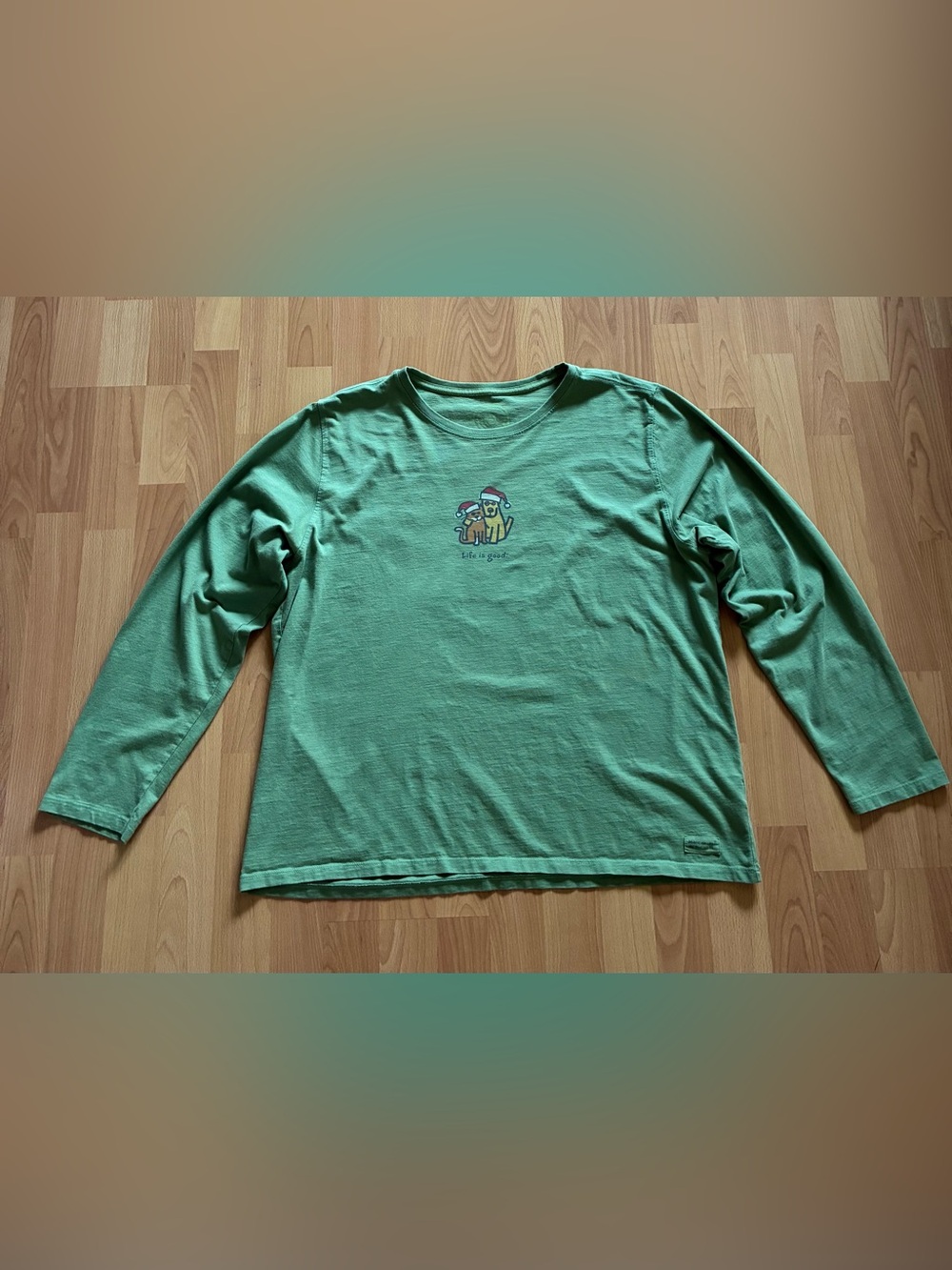 Life Is Good Mens XL Green Crew Neck Long Sleeve Shirt Cotton Cat Dog Christmas
